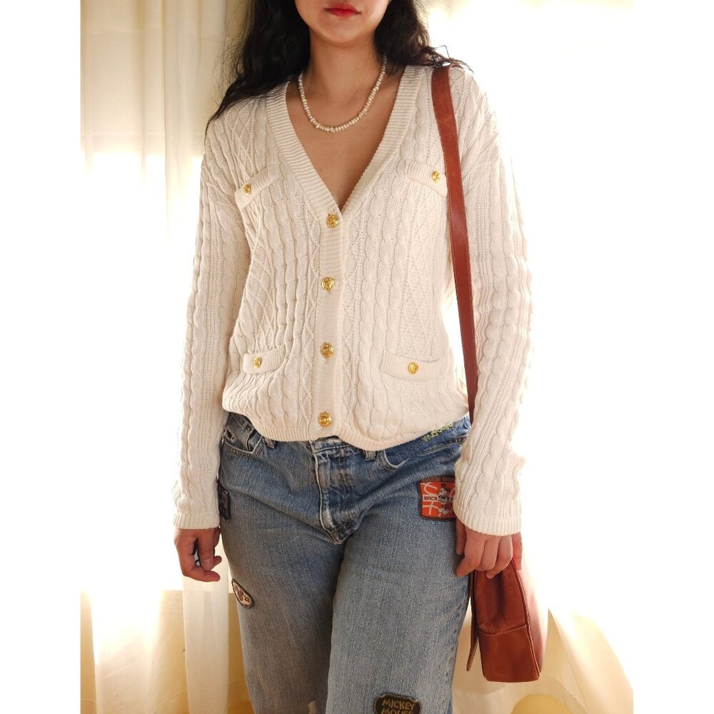Vintage cotton white deep v neck cable knit sweater cardigan/ gold button